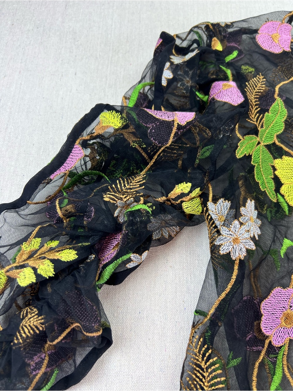 Women's Black Sheer Colorful Embroidered Floral Romantic Puffed Sleeve Blouse -M - Picture 5 of 9